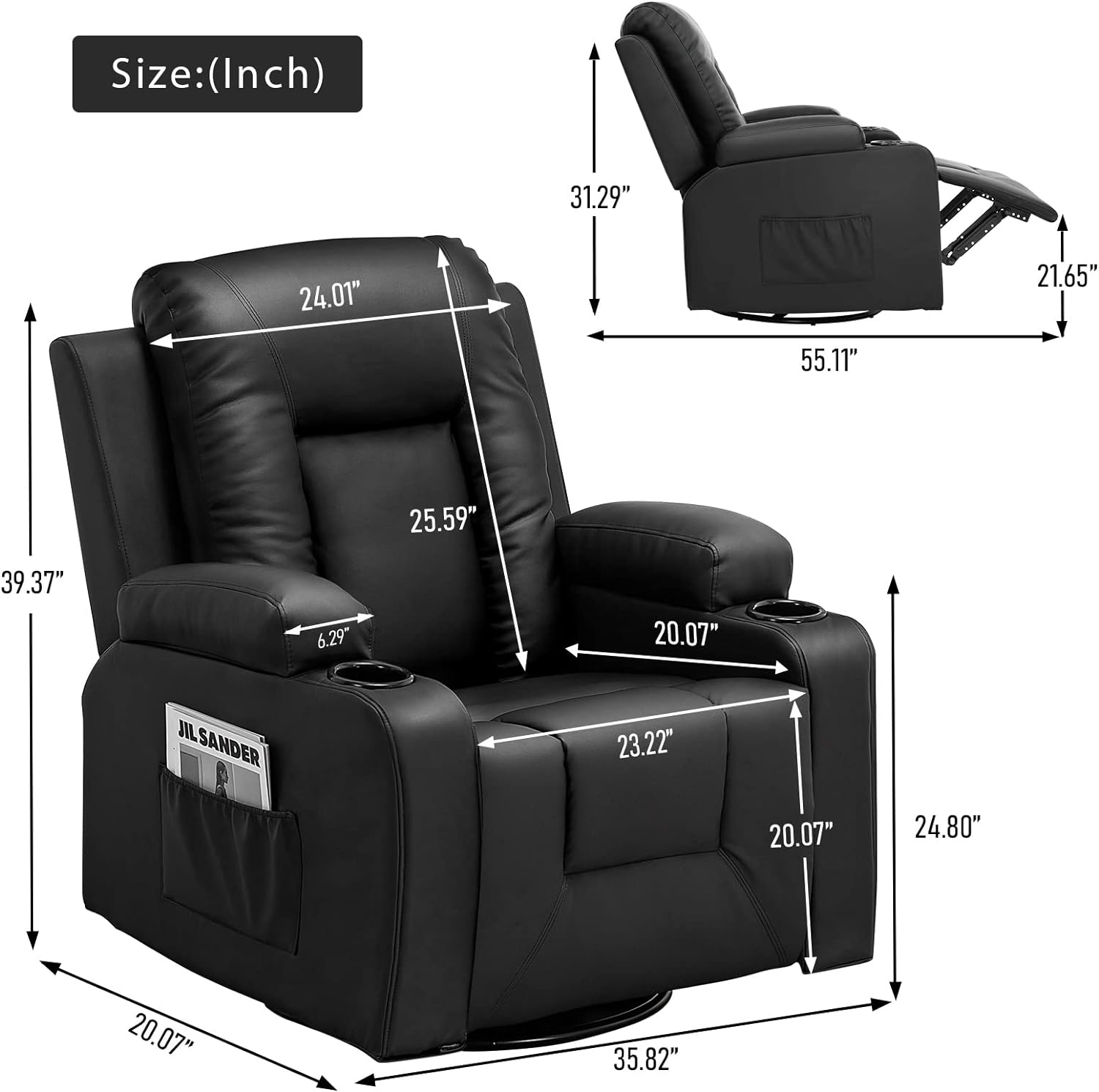 COMHOMA Recline Chair Set，Furniture 3PC Bonded Leather Recliner Set Living Room Set, Sofa with massger(Black, 3+2+1)