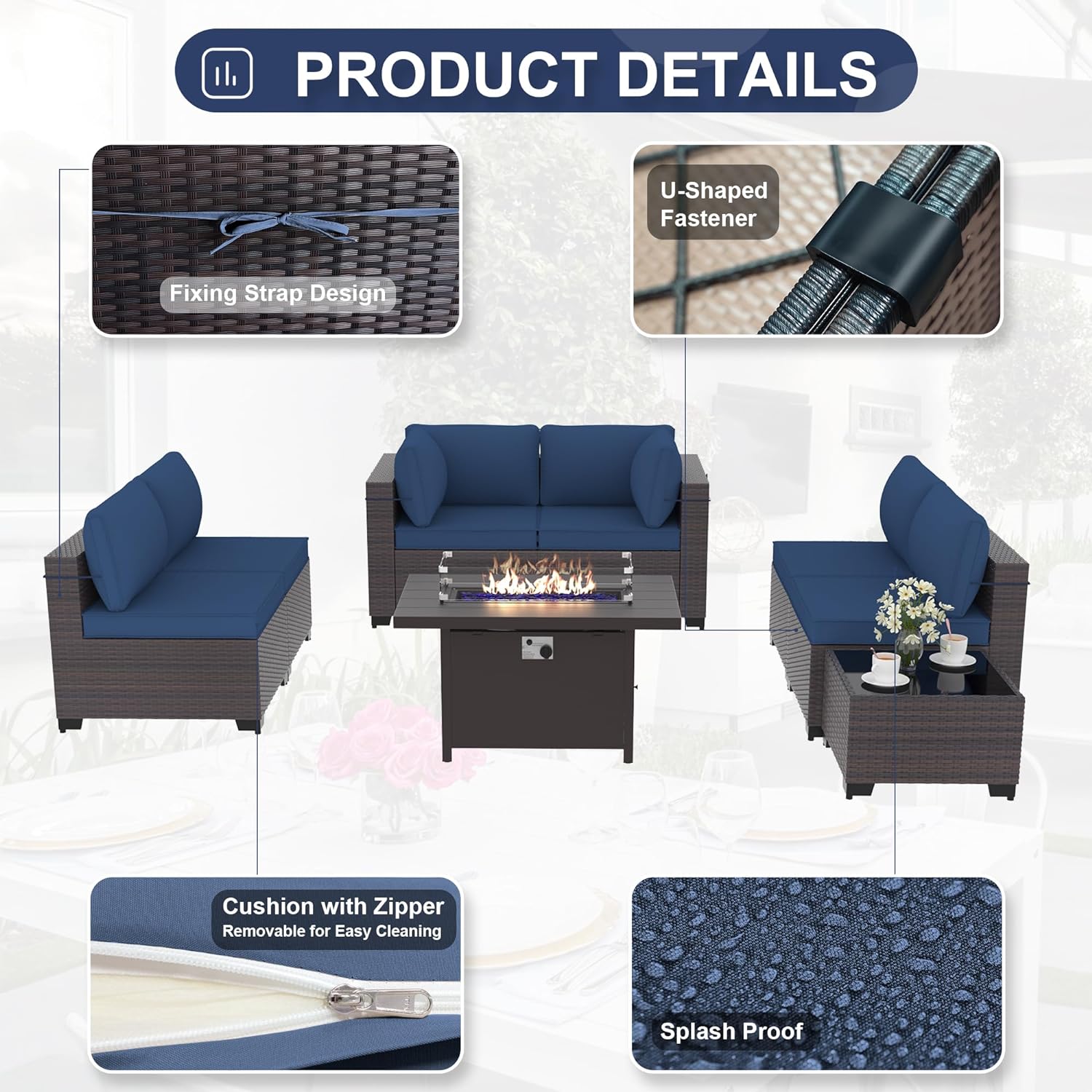 Delnavik Patio Furniture Sectional Sofa Set 13-Pieces PE Rattan Patio Conversation Set w/43in Gas Fire Pit Table, Outdoor Furniture with 55000 BTU Propane Fire Pit, Sand