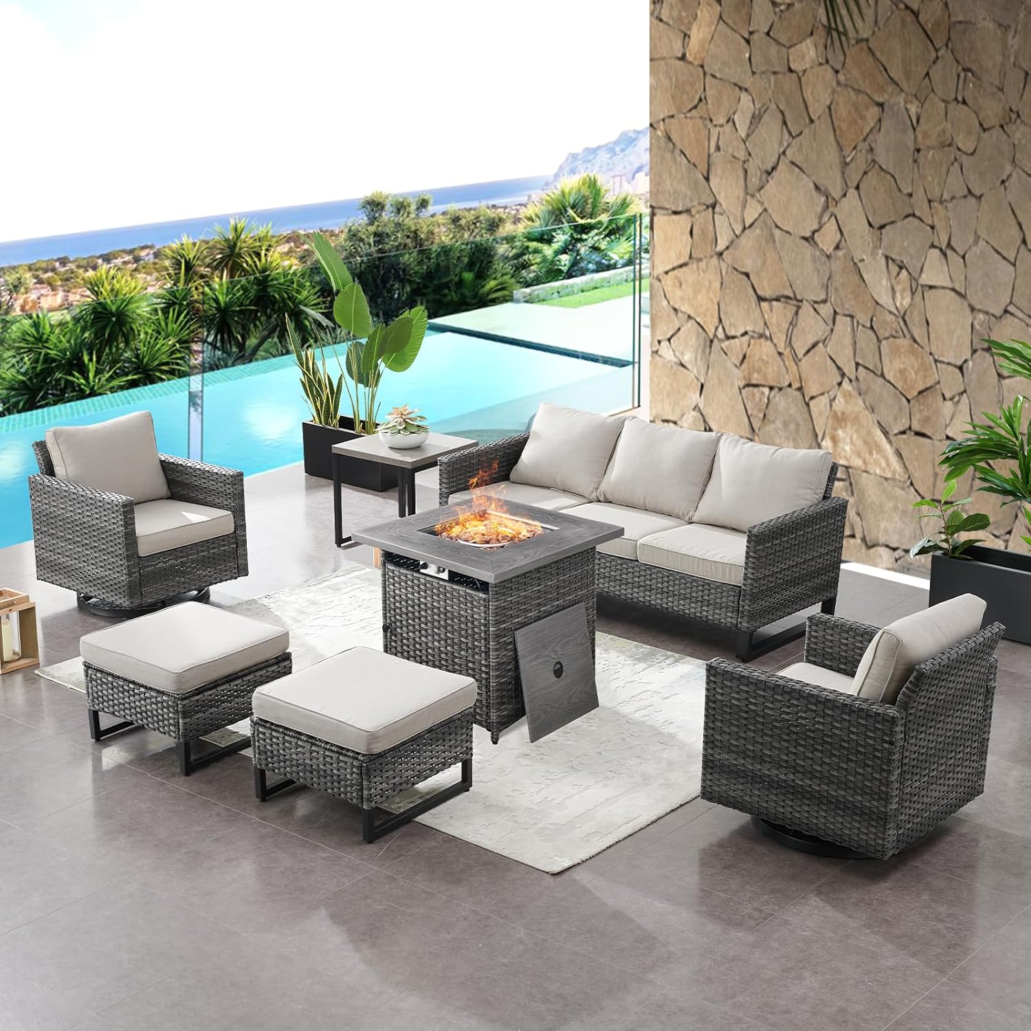 HUMMUH 7 Piece Patio Furniture Set PE Wicker Outdoor Sectional Sofa,High Back Patio Swivel Rocking Chairs with Ottomans Coffee Table for Porch,Garden,Backyard