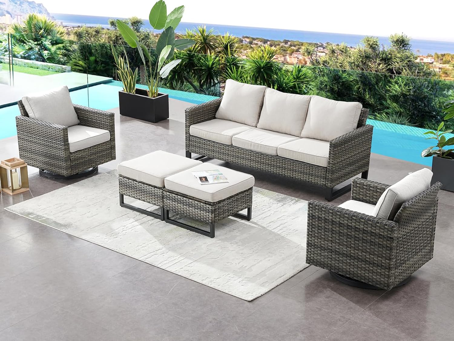 HUMMUH 7 Piece Patio Furniture Set PE Wicker Outdoor Sectional Sofa,High Back Patio Swivel Rocking Chairs with Ottomans Coffee Table for Porch,Garden,Backyard
