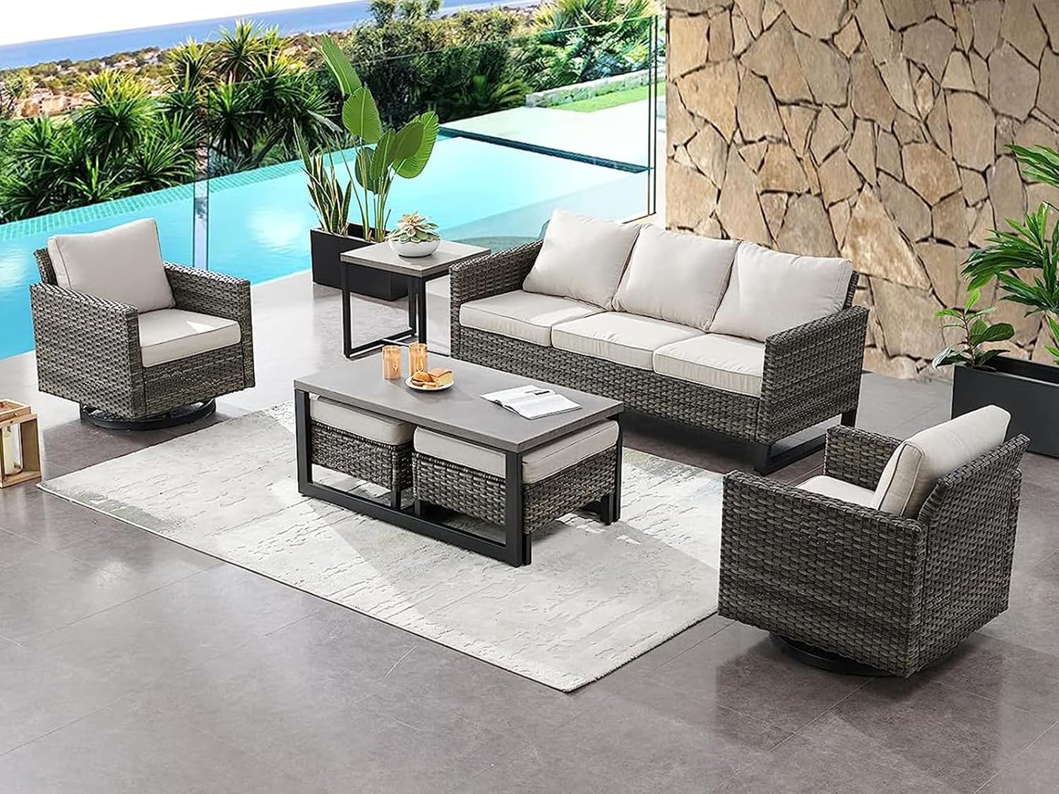 HUMMUH 7 Piece Patio Furniture Set PE Wicker Outdoor Sectional Sofa,High Back Patio Swivel Rocking Chairs with Ottomans Coffee Table for Porch,Garden,Backyard