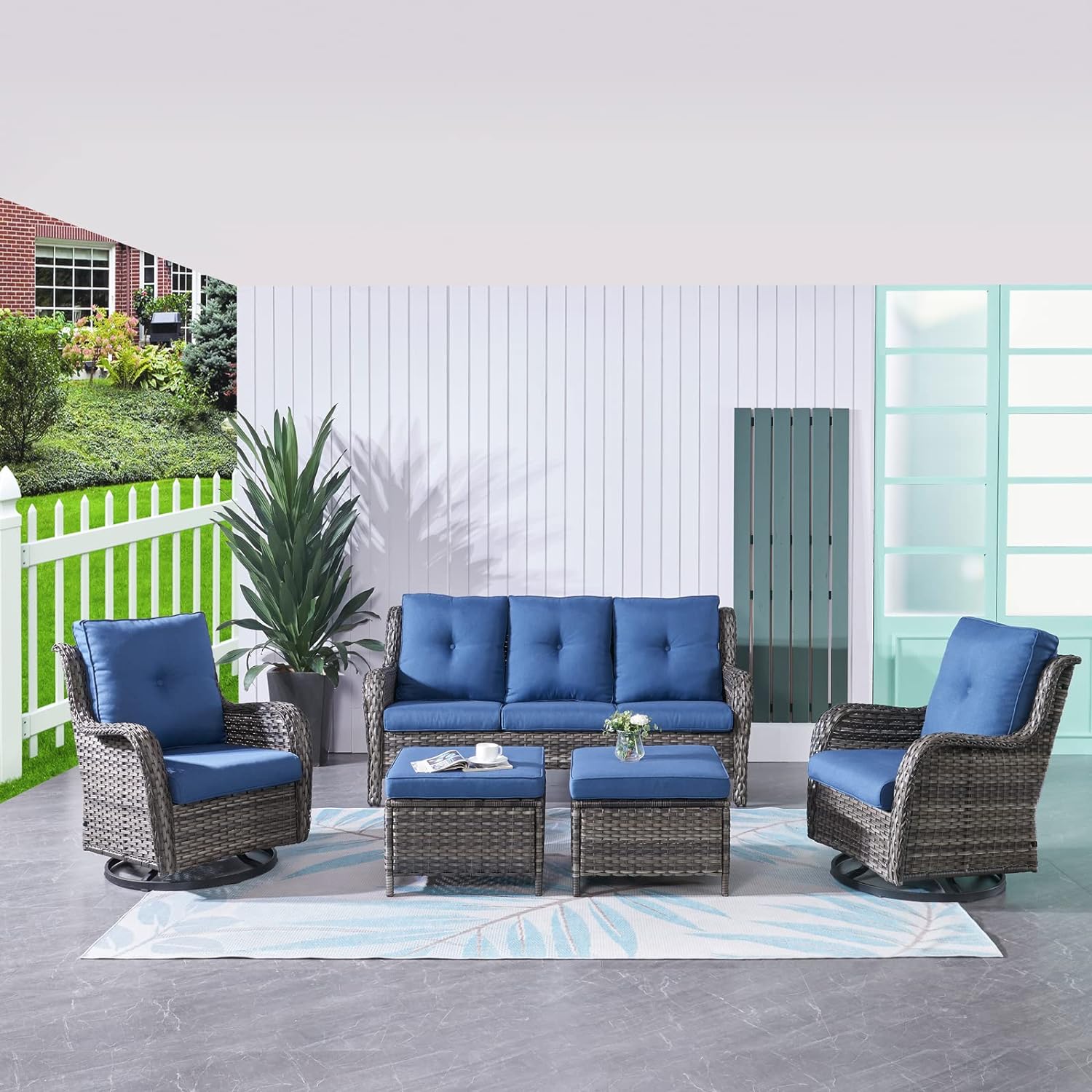 HUMMUH Patio Furniture 5 Pieces Outdoor Furniture Set Wicker Outdoor Sectional Couch with Patio Swivel Rocking Chairs,Ottomans for Patio : Patio, Lawn  Garden