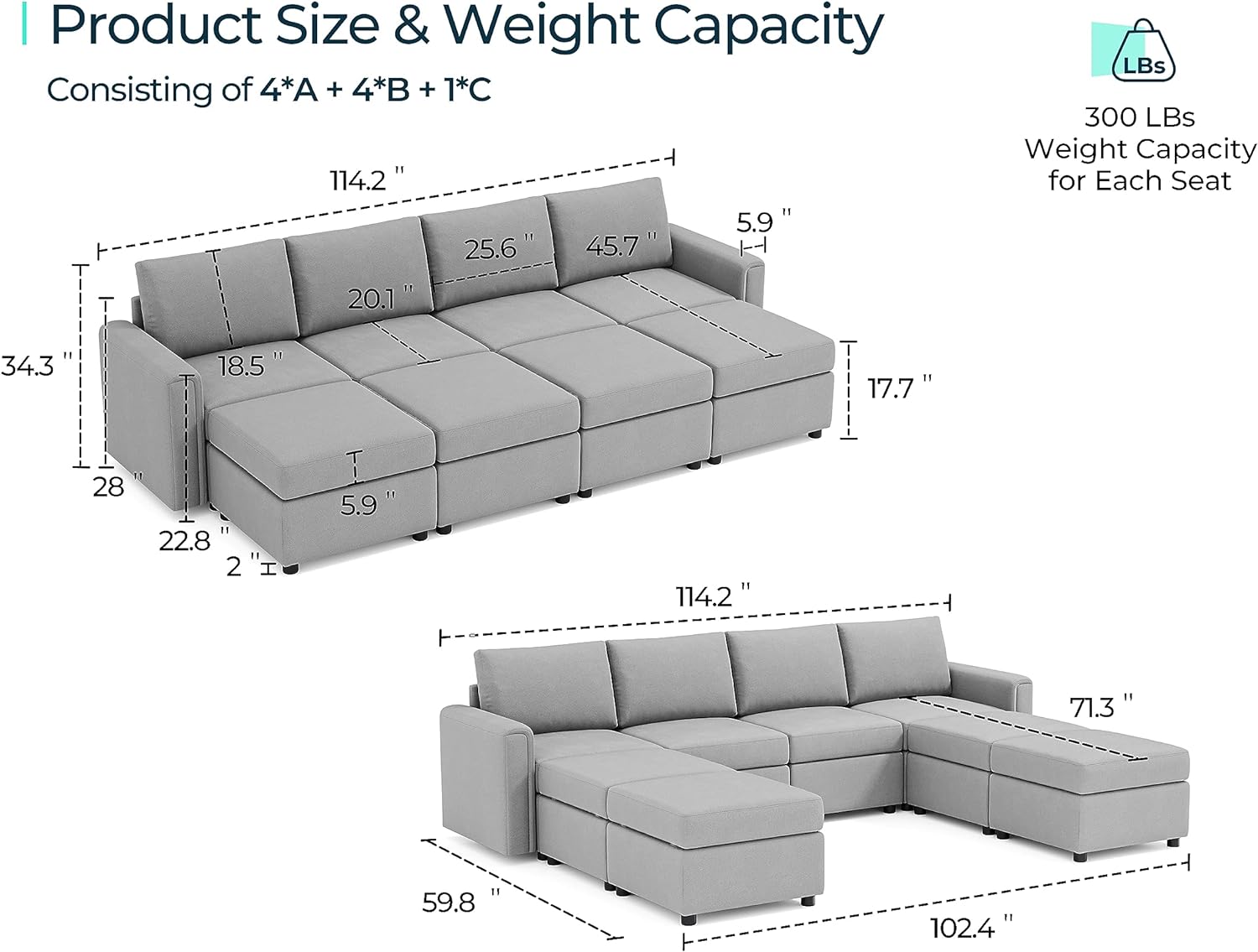 LINSY HOME Oversized Modular Sectional Sofa, Convertible Sectional Sofa Couch with Memory Foam, Modular Sleeper Sofa Covers Removable and Changeable, 10 Seat Sofa Sets for Living Room, Teal