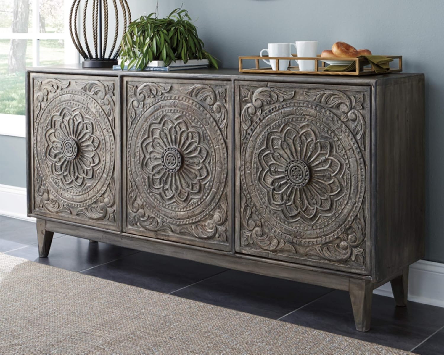 Signature Design by Ashley Fair Ridge Boho Hand Carved Wood Accent Cabinet or TV Stand, Dark Gray