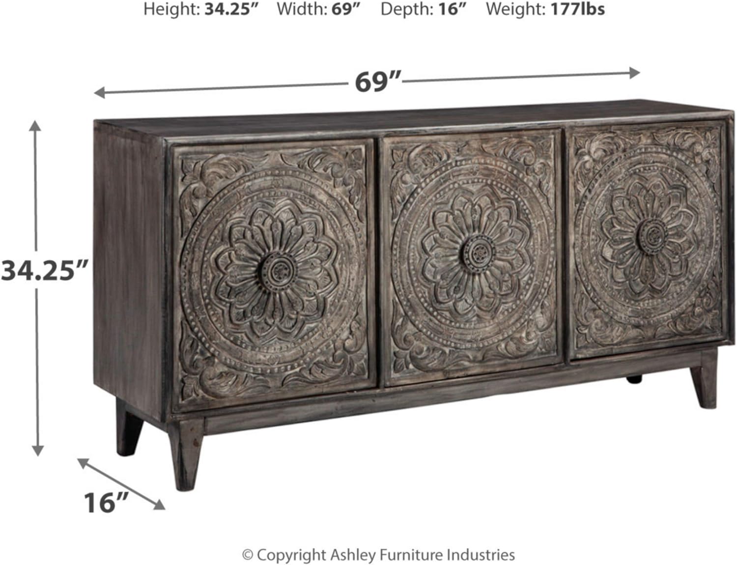 Signature Design by Ashley Fair Ridge Boho Hand Carved Wood Accent Cabinet or TV Stand, Dark Gray