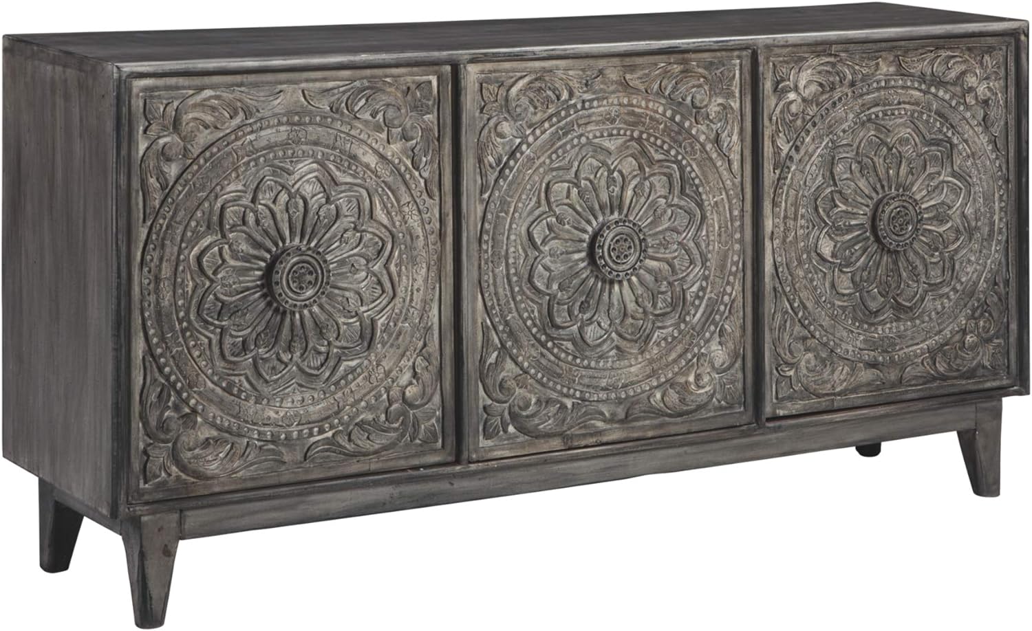 Signature Design by Ashley Fair Ridge Boho Hand Carved Wood Accent Cabinet or TV Stand, Dark Gray