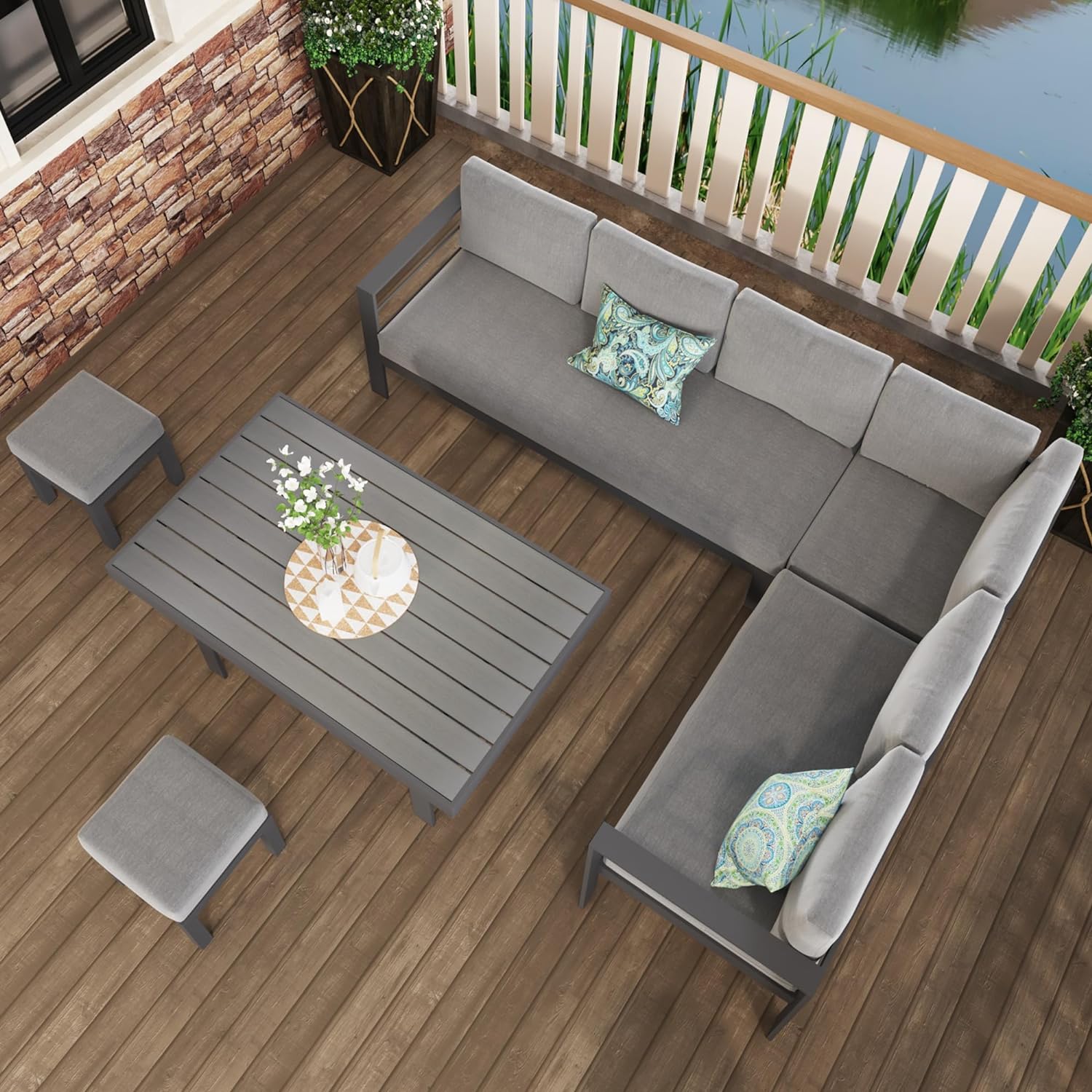 Solaste Aluminum Patio Furniture Set with Fire Pit Table, 6 Piece Sectional Metal Outdoor Set with Ottoman, Modern Patio Conversation Set Water-Resistant Cushion for Balcony, Grey : Patio, Lawn  Garden