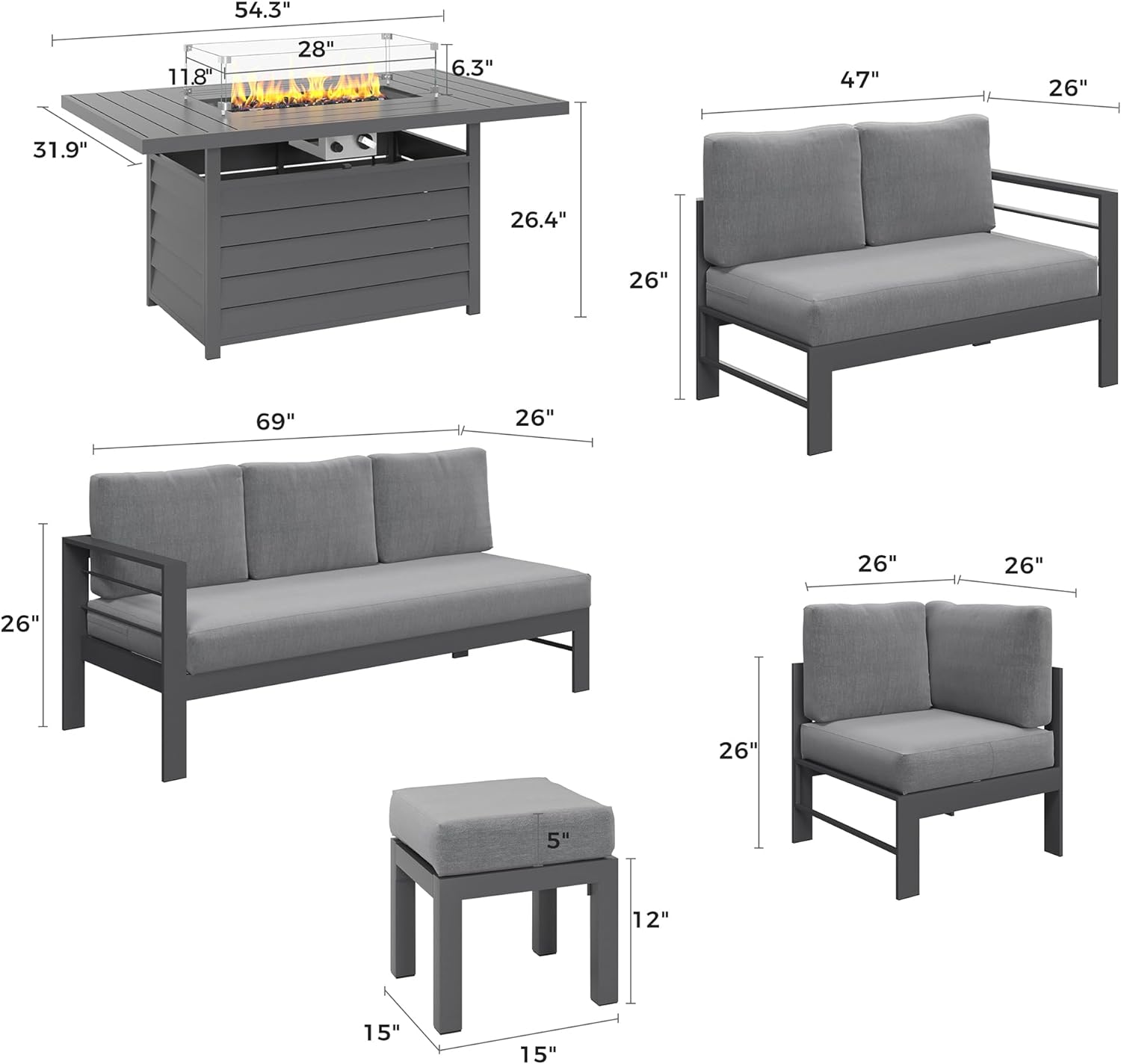 Solaste Aluminum Patio Furniture Set with Fire Pit Table, 6 Piece Sectional Metal Outdoor Set with Ottoman, Modern Patio Conversation Set Water-Resistant Cushion for Balcony, Grey : Patio, Lawn  Garden