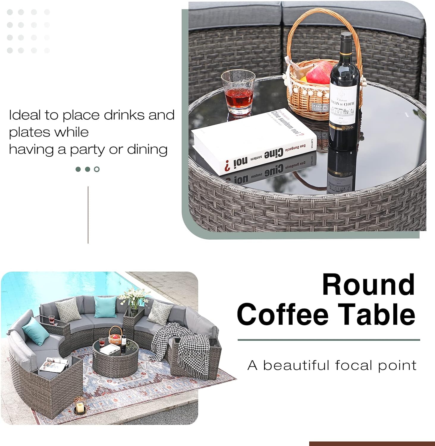 SUNSITT Outdoor Patio Furniture 11-Piece Half-Moon Sectional Round Set Curved Sofa with Tempered Glass Coffee Table, 4 Pillows, Grey Rattan