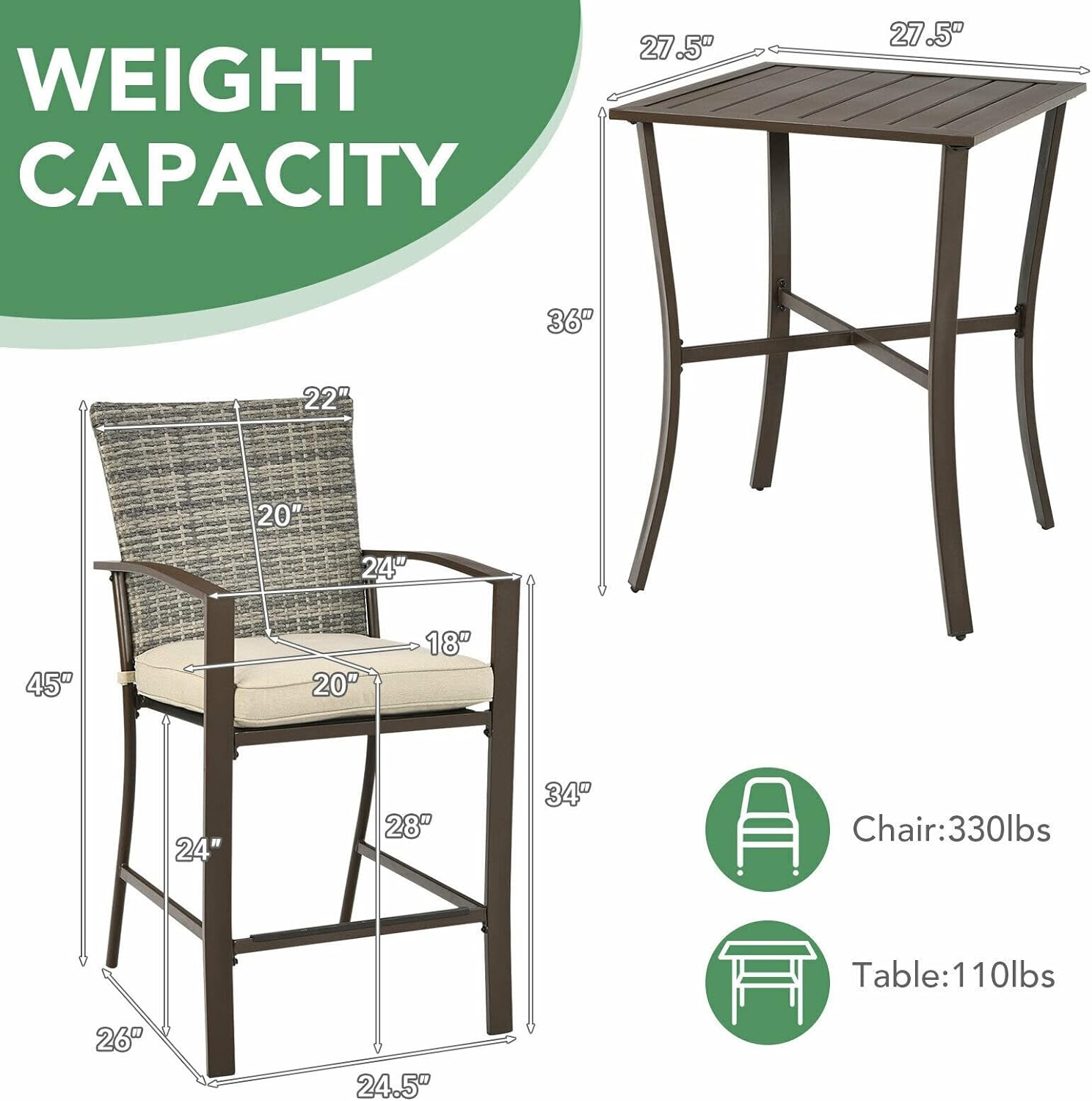 UXZDX 3PCS Patio Rattan Bar Furniture Set Slat Table 2 Cushioned Stools Poolside Brown