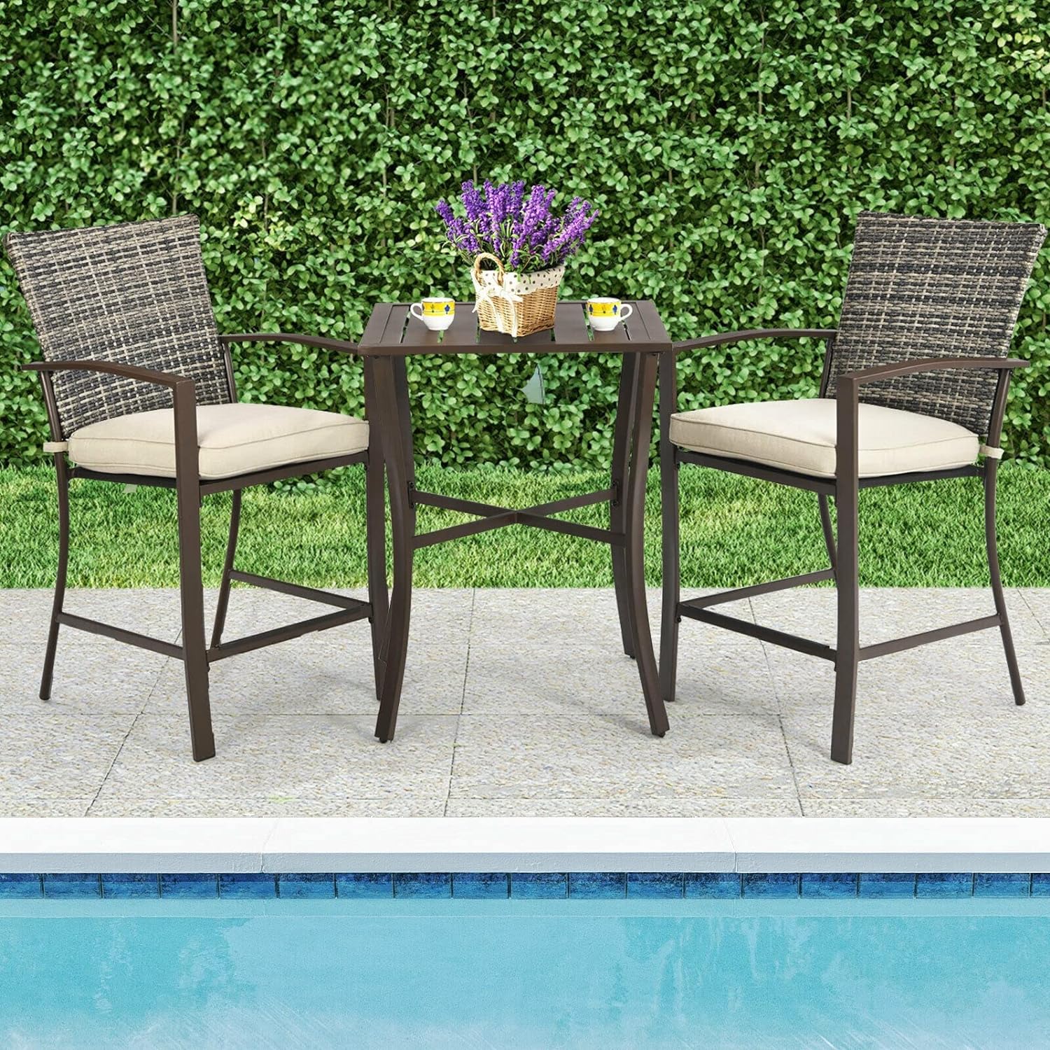 UXZDX 3PCS Patio Rattan Bar Furniture Set Slat Table 2 Cushioned Stools Poolside Brown