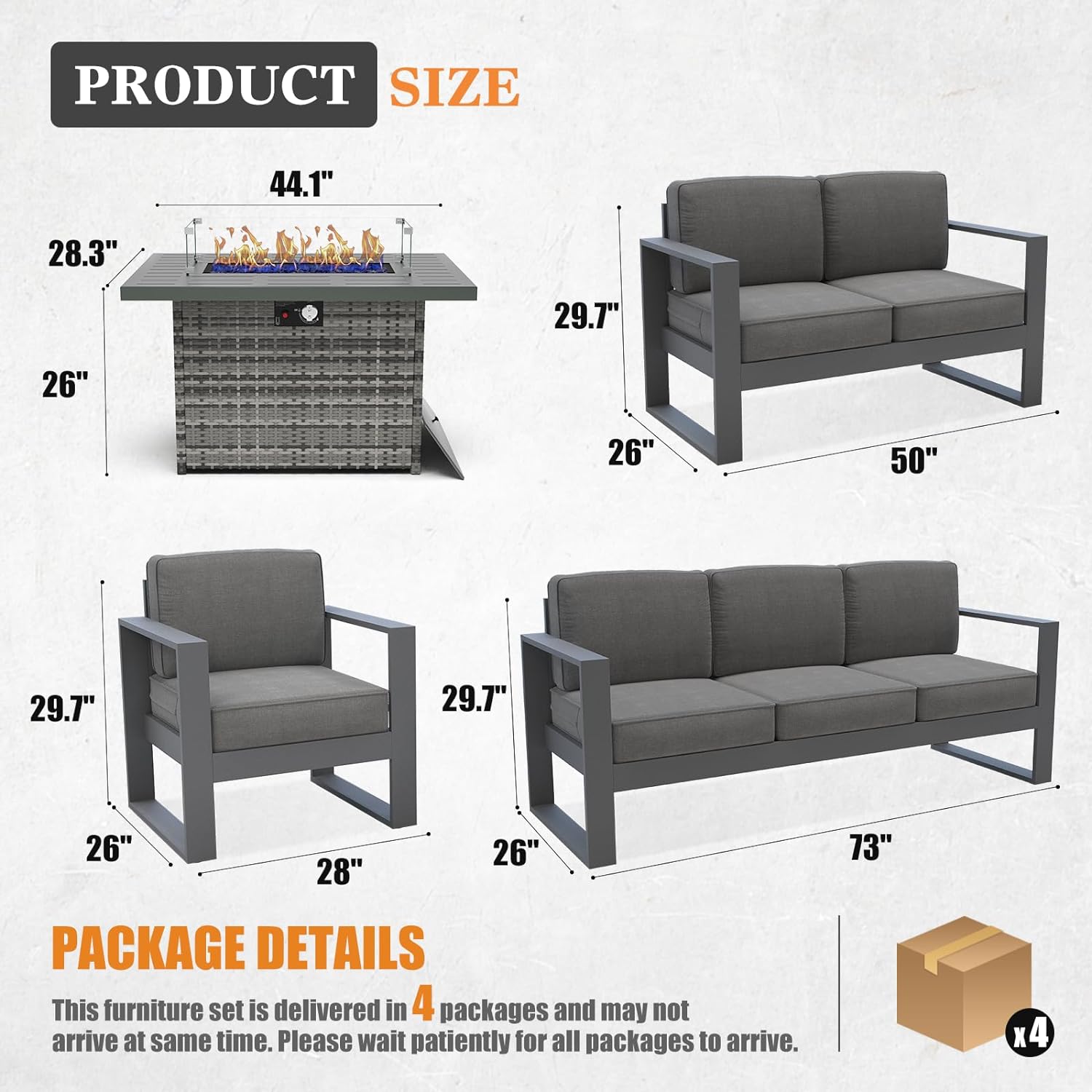 Vakollia Outdoor Aluminum Furniture Set with Fire Pit Table - 5 Pieces Modern Patio Conversation Sets Metal Sectional Sofa Set