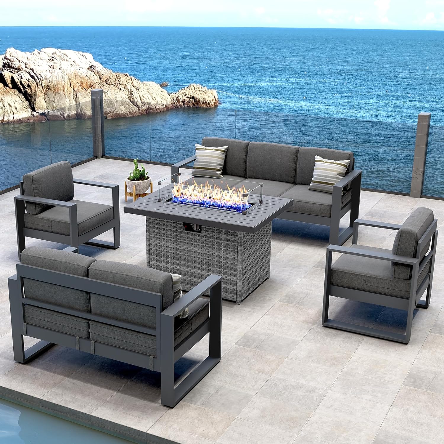 Vakollia Outdoor Aluminum Furniture Set with Fire Pit Table - 5 Pieces Modern Patio Conversation Sets Metal Sectional Sofa Set