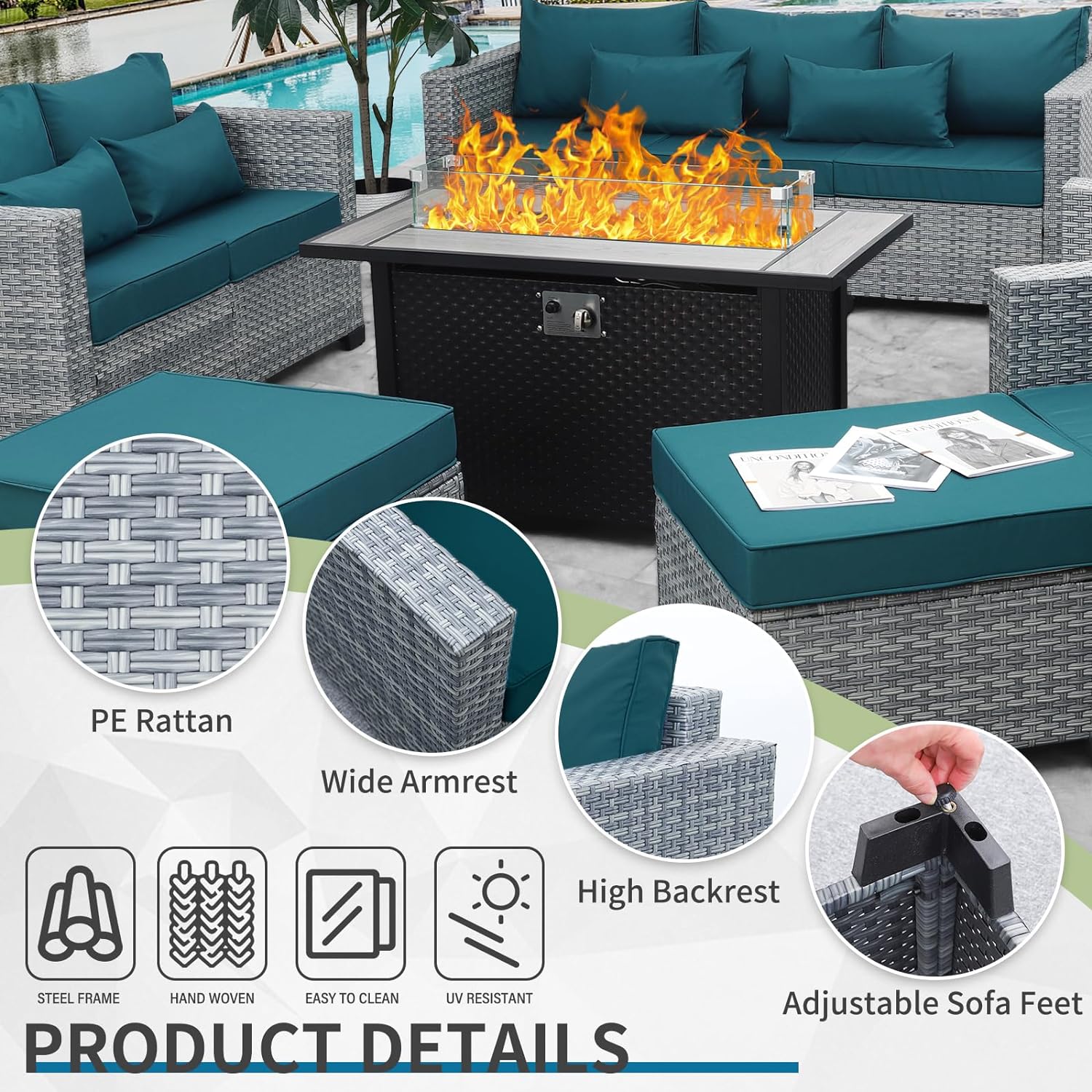 WAROOM Patio Furniture Set Gray Rattan 7 Pieces Outdoor Sectional Sofa PE Wicker Conversation Chairs with 45 Propane Fire Pit Table and Non-Slip Thick Peacock Blue Cushion : Patio, Lawn  Garden