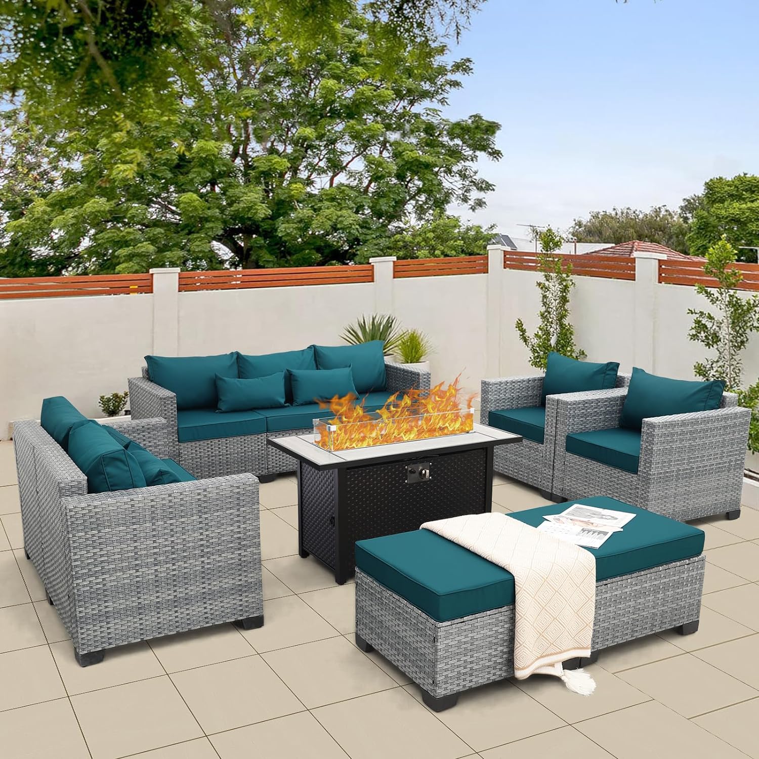 WAROOM Patio Furniture Set Gray Rattan 7 Pieces Outdoor Sectional Sofa PE Wicker Conversation Chairs with 45 Propane Fire Pit Table and Non-Slip Thick Peacock Blue Cushion : Patio, Lawn  Garden