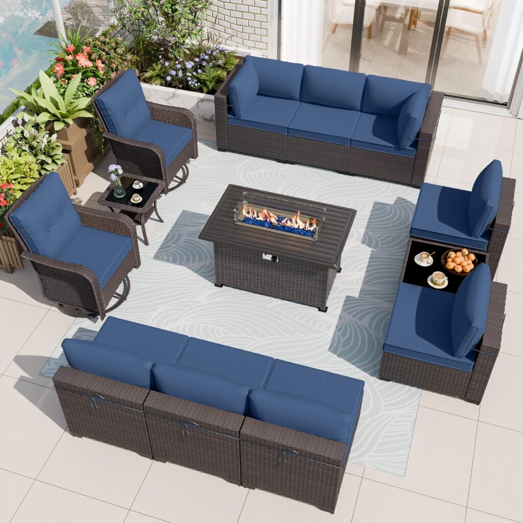 ALAULM 13 Pieces Patio Furniture Set with 2 Swivel Chairs Patio Furniture Outdoor Sectional Sofas with 55000 Gas Fire Pit Patio Conversation Set w/10 Cushions-Dark Blue