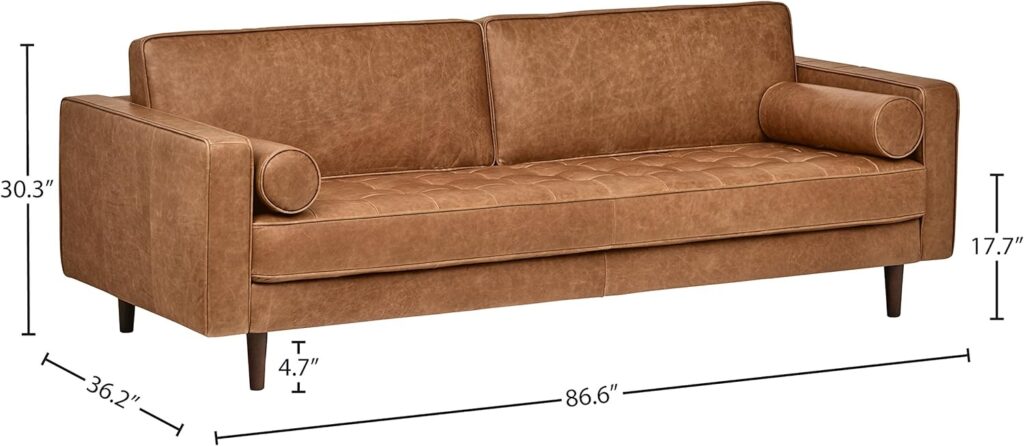 Amazon Brand – Rivet Aiden Mid-Century Modern Sofa Couch, 86.6W, Cognac Leather