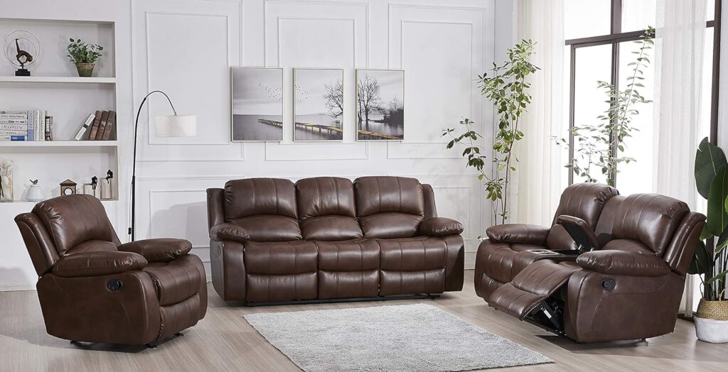 Betsy Furniture 3PC Bonded Leather Recliner Set Living Room Set, Sofa, Loveseat, Chair 8018 (Brown, Living Room Set 3+2+1)