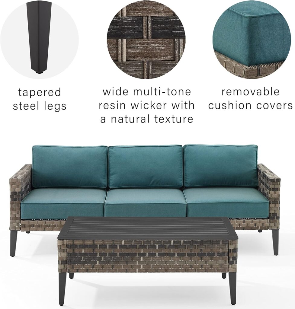 Crosley Furniture KO70254BR-BL Prescott Outdoor Wicker 2-Piece Sofa Set (Sofa, Coffee Table), Brown with Mineral Blue Cushions Crosley Furniture KO70254BR-BL Prescott Outdoor Wicker 2-Piece Sofa Set (Sofa, Coffee Table), Brown with Mineral Blue Cushions