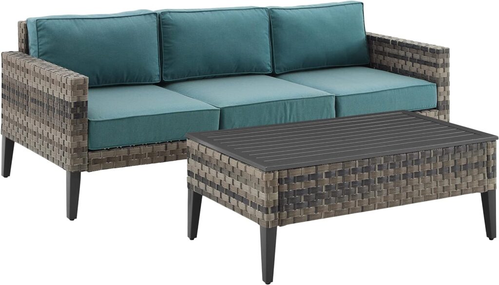 Crosley Furniture KO70254BR-BL Prescott Outdoor Wicker 2-Piece Sofa Set (Sofa, Coffee Table), Brown with Mineral Blue Cushions Crosley Furniture KO70254BR-BL Prescott Outdoor Wicker 2-Piece Sofa Set (Sofa, Coffee Table), Brown with Mineral Blue Cushions