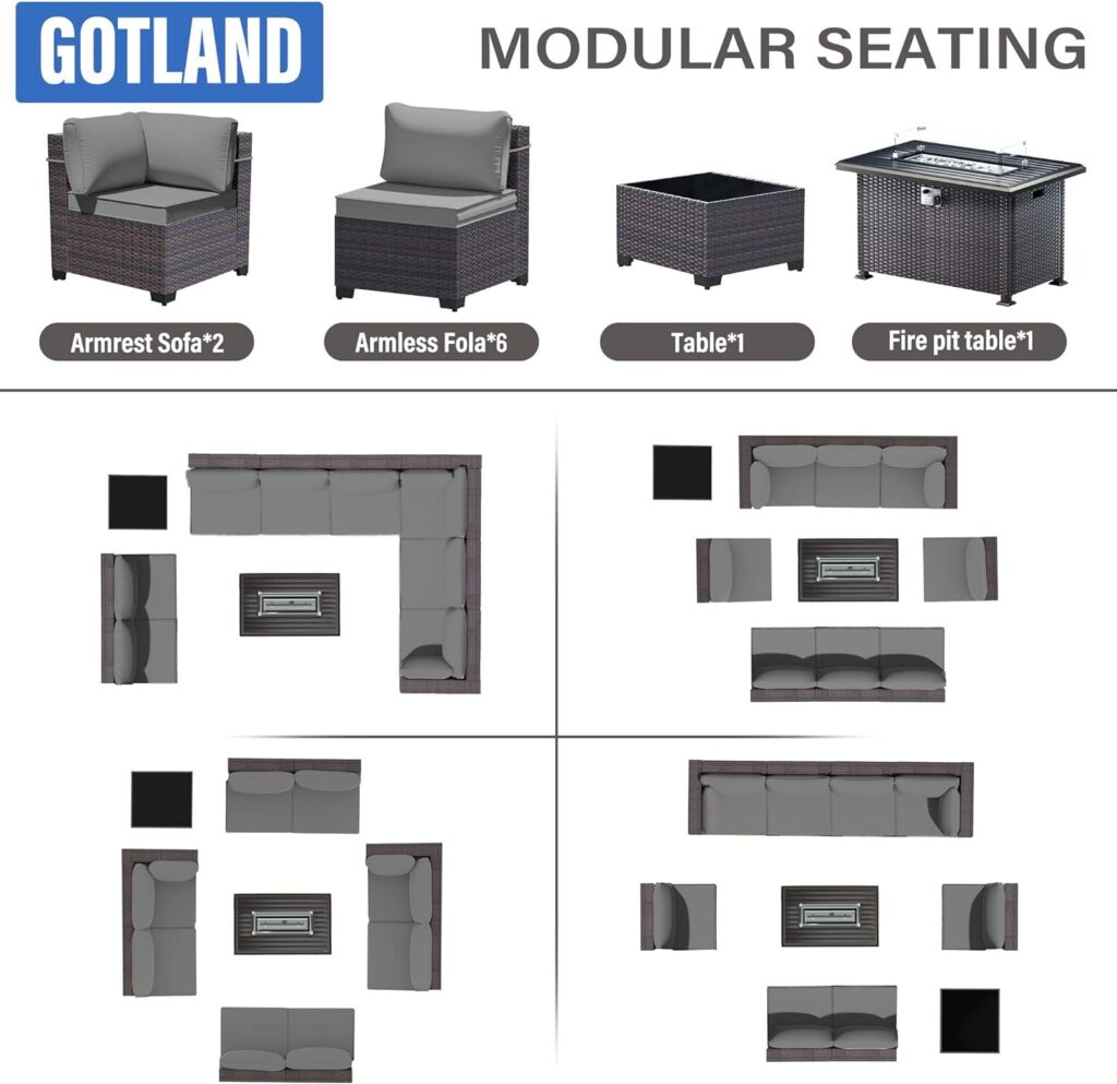 Gotland 13 Piece Large Outdoor Furniture Set, 10 Seater Wicker Patio Furniture Set, All Weather Deck Wicker Conversation Set with 43 Fire Pit Table has 10 Sofa Seats, 2 Coffee Tables and 4 Cushion