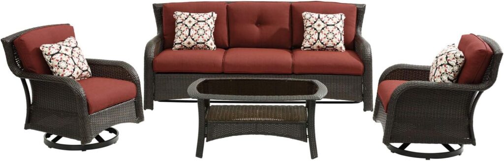 Hanover Strathmere 4-Piece Outdoor Patio Deep Seating Lounge Set with Sofa, 2 Swivel Chairs with Thick Foam Cushions, Four Accent Pillows and a Glass-Top Coffee Table : Patio, Lawn  Garden
