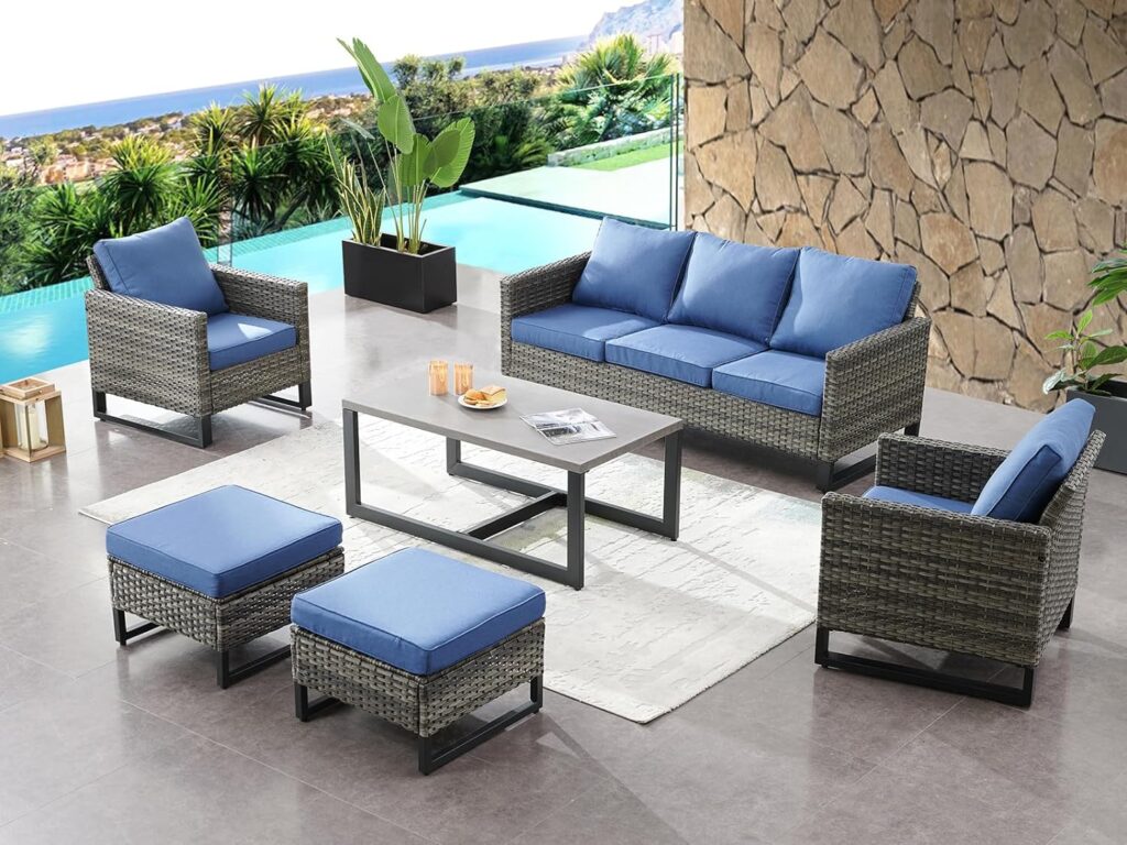 HUMMUH 9 Piece Patio Furniture PE Wicker 6-Seater Outdoor Sectional Sofa Patio Swivel Chairs,Outdoor Chairs with Ottomans Side Table for Porch,Garden,Backyard,Deck