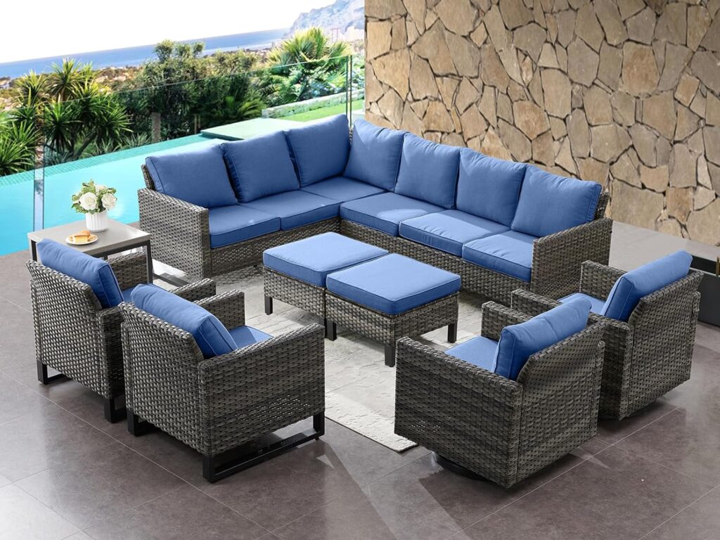 HUMMUH 9 Piece Patio Furniture PE Wicker 6-Seater Outdoor Sectional Sofa Patio Swivel Chairs,Outdoor Chairs with Ottomans Side Table for Porch,Garden,Backyard,Deck