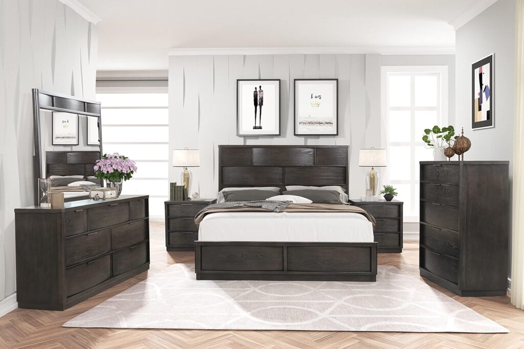 Roundhill Furniture Belani Wood Panel Bed Set, King Bed, Dresser, Mirror, Two Nightstands, and Chest, Espresso