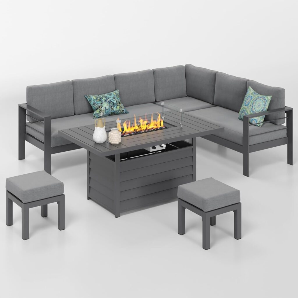 Solaste Aluminum Patio Furniture Set with Fire Pit Table, 6 Piece Sectional Metal Outdoor Set with Ottoman, Modern Patio Conversation Set Water-Resistant Cushion for Balcony, Grey : Patio, Lawn  Garden