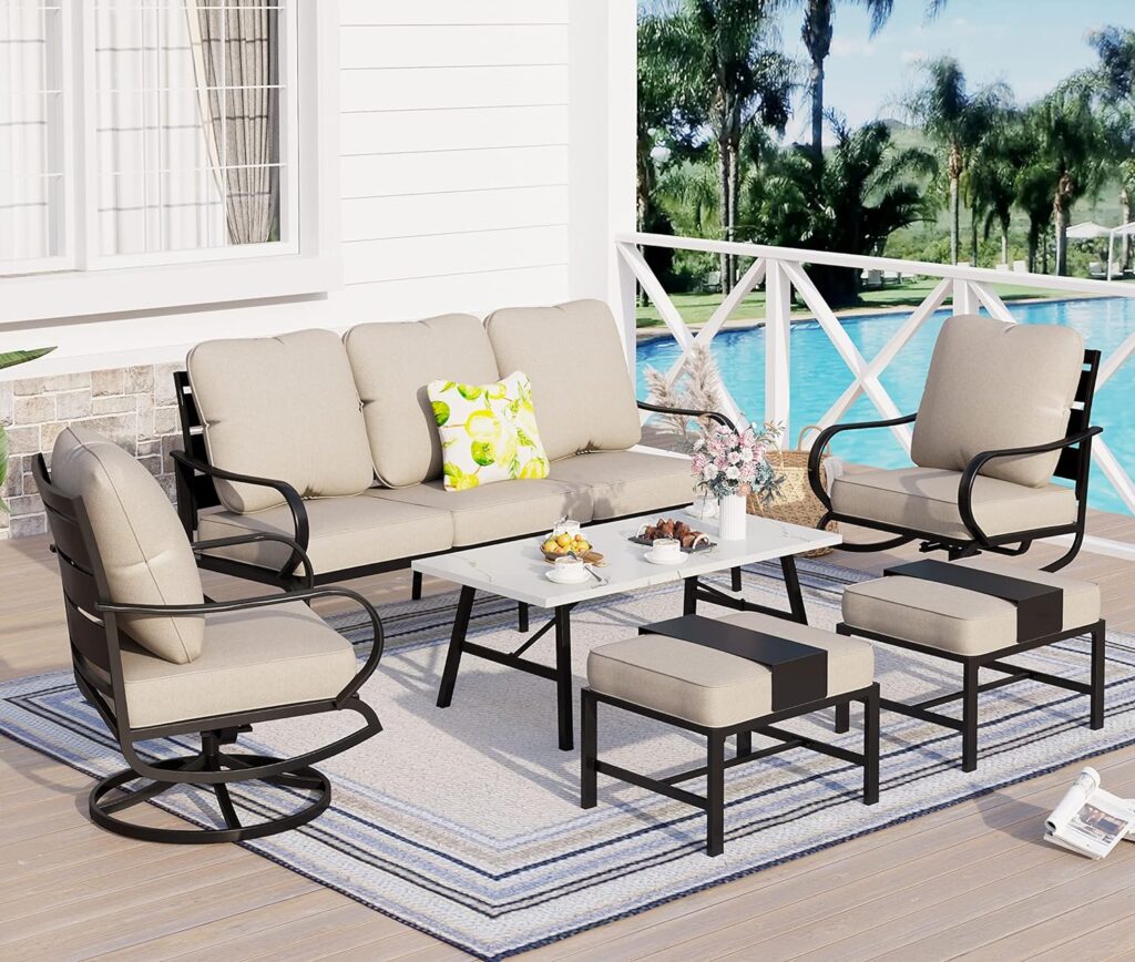 Sophia  William Patio Furniture Sets 6 Pcs Outdoor Conversation Set 7 Seats, 1 x 3-Seat Sofa, 2 x Cushioned Swivel Sofa Chairs, 2 Ottomans, Marbling Metal Coffee Table Garden Backyard Poolside