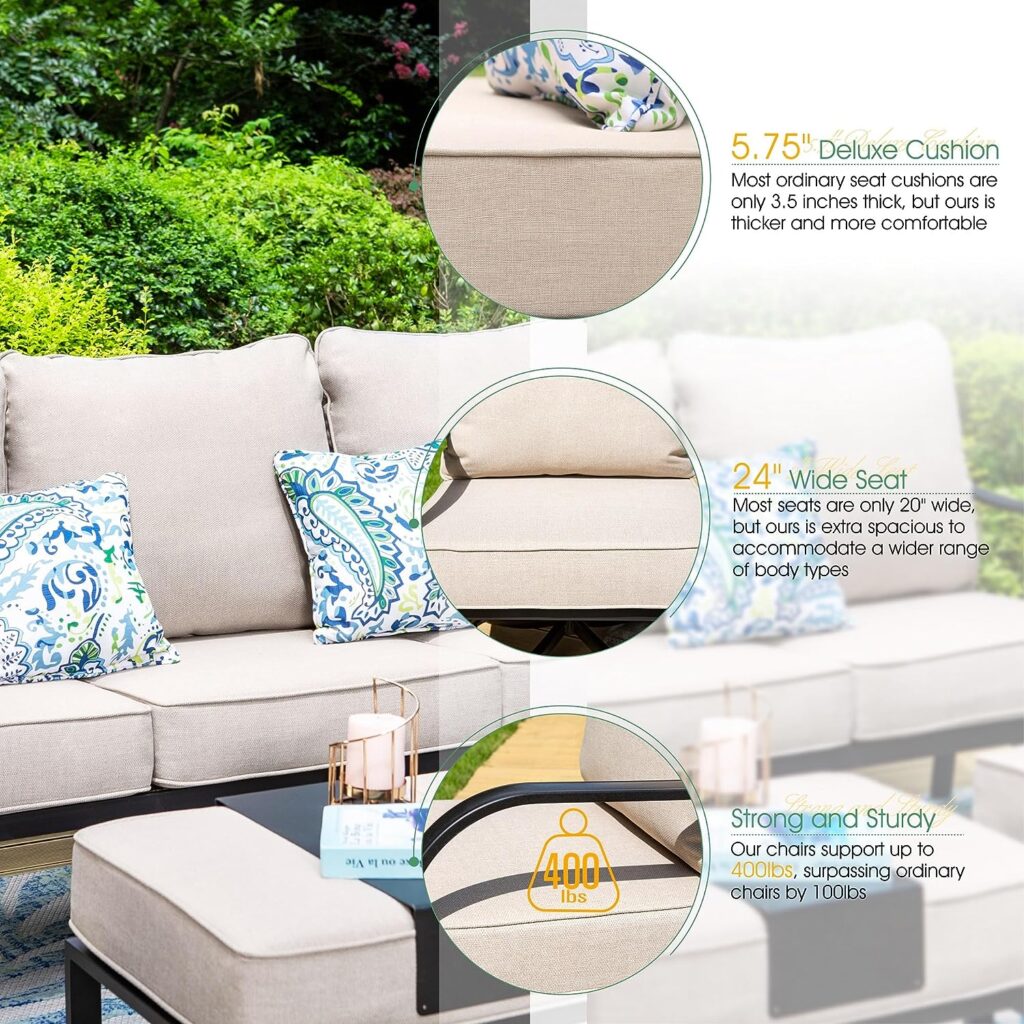 Sophia  William Patio Furniture Sets 6 Pcs Outdoor Conversation Set 7 Seats, 1 x 3-Seat Sofa, 2 x Cushioned Swivel Sofa Chairs, 2 Ottomans, Marbling Metal Coffee Table Garden Backyard Poolside