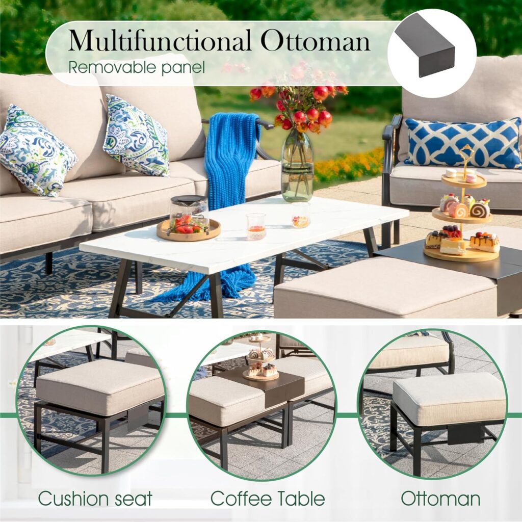 Sophia  William Patio Furniture Sets 6 Pcs Outdoor Conversation Set 7 Seats, 1 x 3-Seat Sofa, 2 x Cushioned Swivel Sofa Chairs, 2 Ottomans, Marbling Metal Coffee Table Garden Backyard Poolside