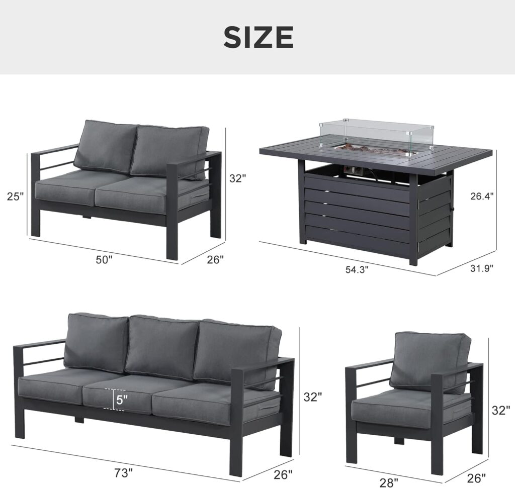 Wisteria Lane Aluminum Patio Furniture Set, 5 Piece Metal Outdoor Furniture Set with CSA Certified 54in Propane Gas Fire Pit Table, Patio Conversation Set with 5in Olefin Cover Cushions (Dark Grey)