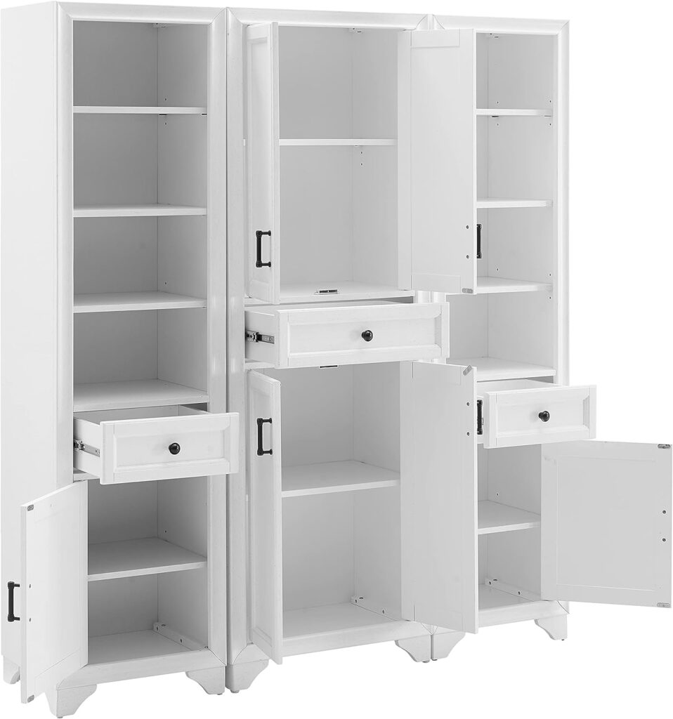 Crosley Furniture KF33006WH Tara 3-Piece Pantry Set with Pantry and 2 Linen Cabinets, Distressed White