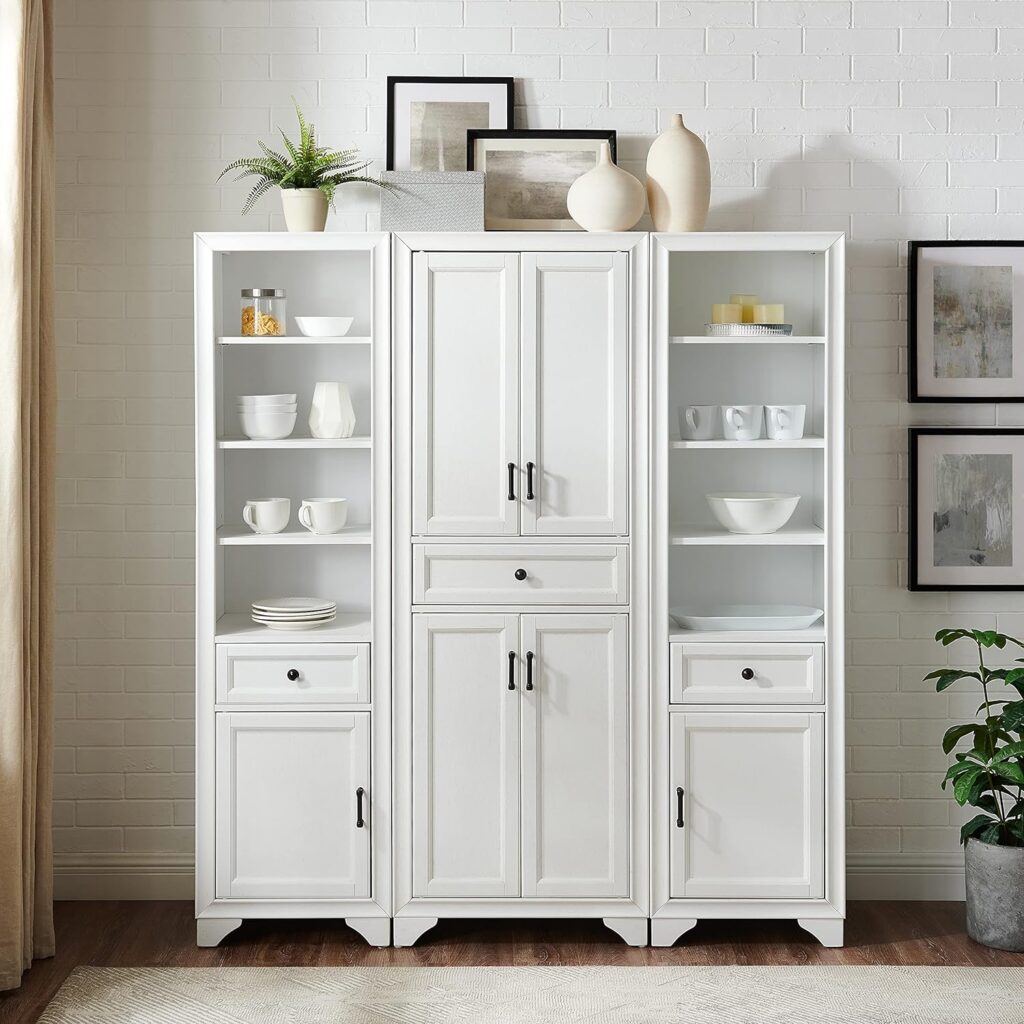 Crosley Furniture KF33006WH Tara 3-Piece Pantry Set with Pantry and 2 Linen Cabinets, Distressed White