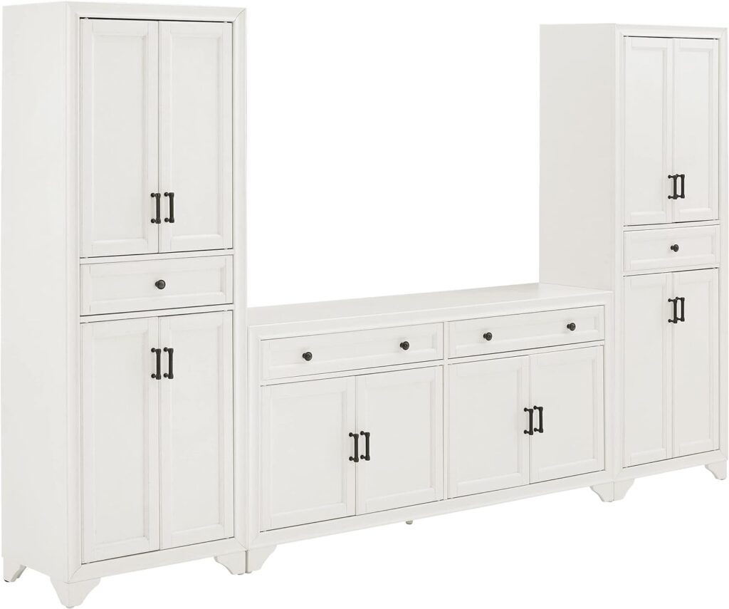 Crosley Furniture Tara 3-Piece Entertainment Set with Sideboard and 2 Storage Cabinets, Distressed White