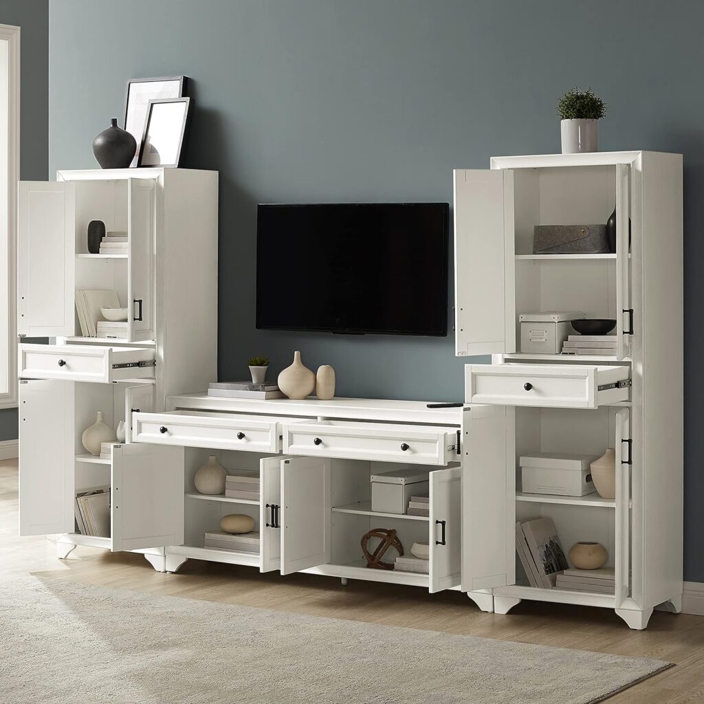 Crosley Furniture Tara 3-Piece Entertainment Set with Sideboard and 2 Storage Cabinets, Distressed White