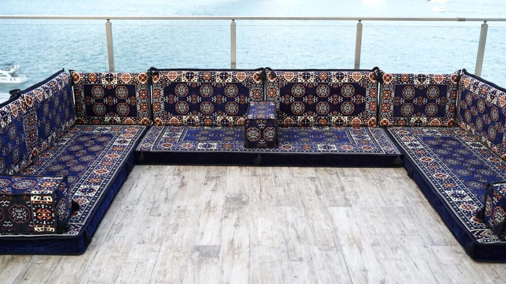 Navy Blue U Shaped Arabic Floor Sofa Set, Floor Cushions, Balcony Patio Sofas, Pallet Sofa, Ethnic Sofa, Moroccan Sofas, Sectional Sofas, Pouffs (U Sofa Full Set)