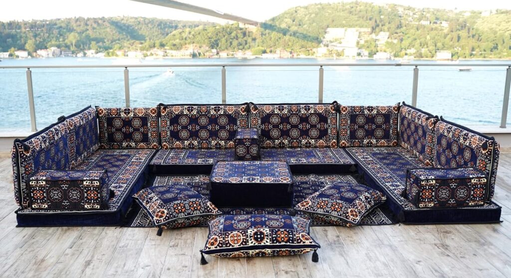 Navy Blue U Shaped Arabic Floor Sofa Set, Floor Cushions, Balcony Patio Sofas, Pallet Sofa, Ethnic Sofa, Moroccan Sofas, Sectional Sofas, Pouffs (U Sofa Full Set)