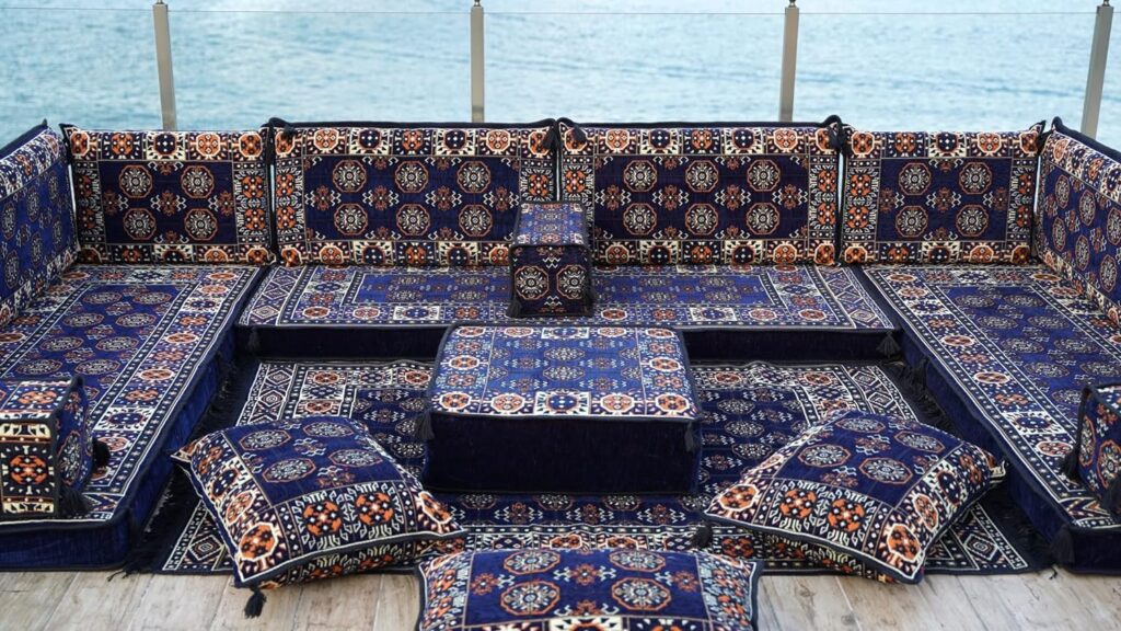 Navy Blue U Shaped Arabic Floor Sofa Set, Floor Cushions, Balcony Patio Sofas, Pallet Sofa, Ethnic Sofa, Moroccan Sofas, Sectional Sofas, Pouffs (U Sofa Full Set)