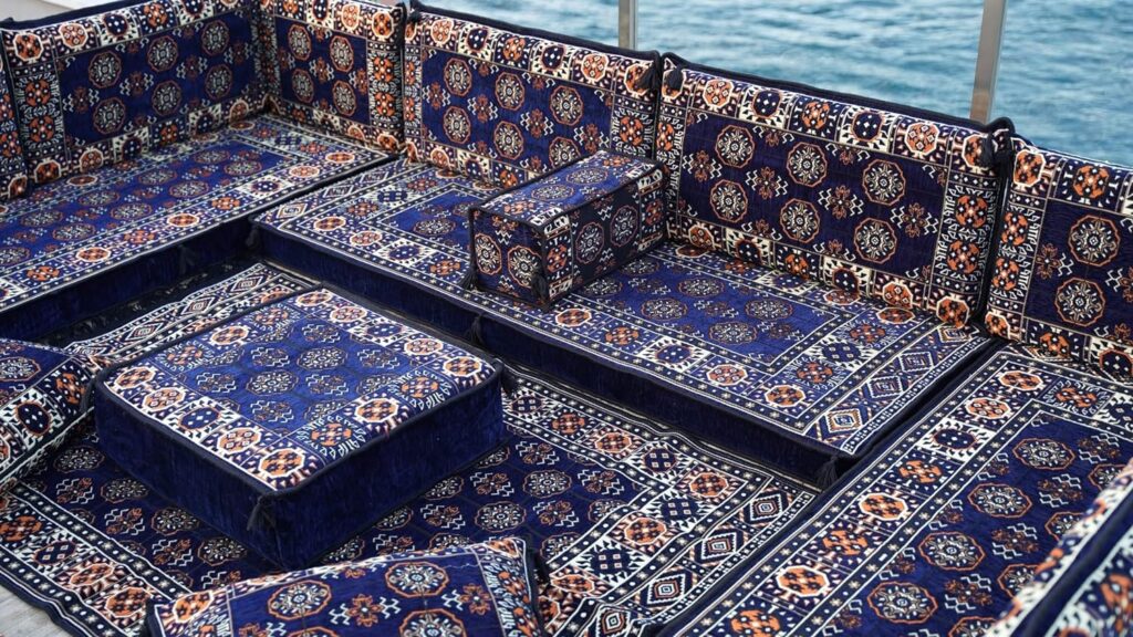 Navy Blue U Shaped Arabic Floor Sofa Set, Floor Cushions, Balcony Patio Sofas, Pallet Sofa, Ethnic Sofa, Moroccan Sofas, Sectional Sofas, Pouffs (U Sofa Full Set)