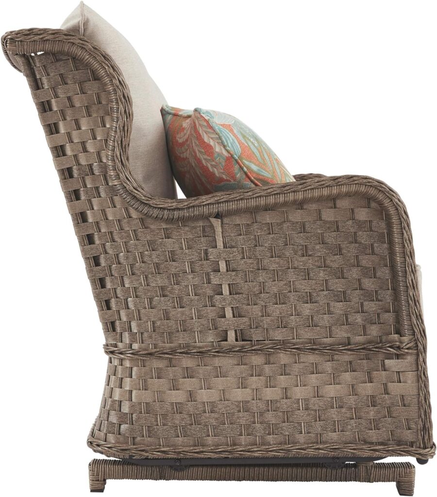 Signature Design by Ashley Clear Ridge Outdoor Handwoven Wicker Cushioned Loveseat Glider with 2 Throw Pillows, Light Brown