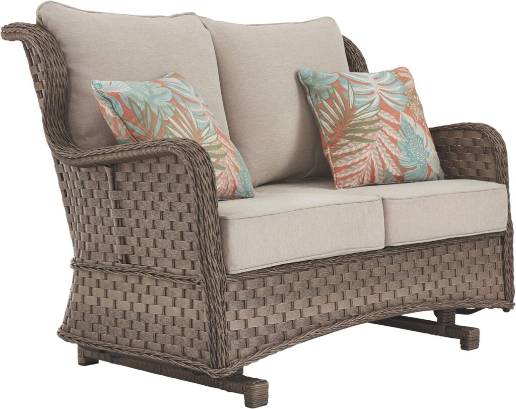 Signature Design by Ashley Clear Ridge Outdoor Handwoven Wicker Cushioned Loveseat Glider with 2 Throw Pillows, Light Brown