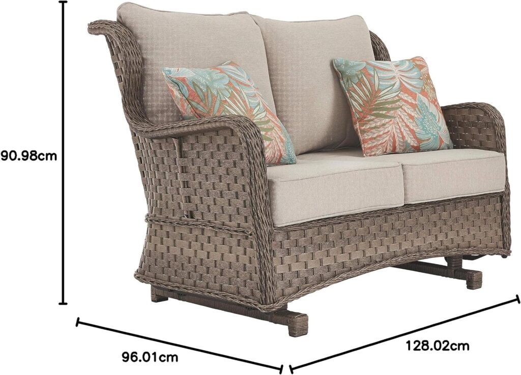 Signature Design by Ashley Clear Ridge Outdoor Handwoven Wicker Cushioned Loveseat Glider with 2 Throw Pillows, Light Brown